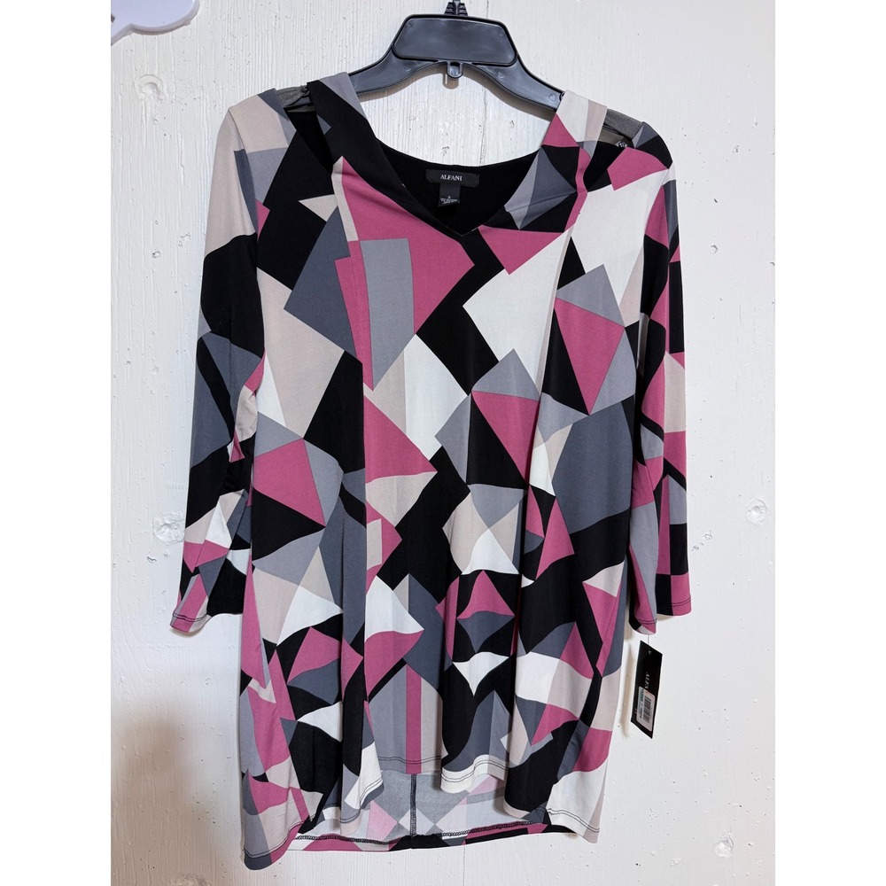 Alfani Women Small Pink Geometric Diamond Square V-Neck 3/4 Sleeve Tunic Top NEW